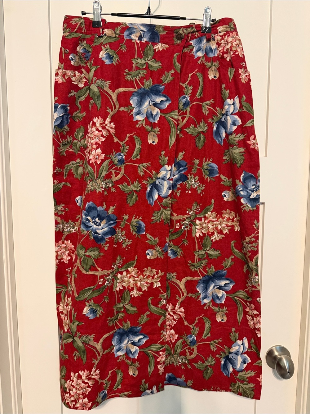 Vintage Bushwacker Cotton and Linen Cottagecore Red Floral Midi Skirt